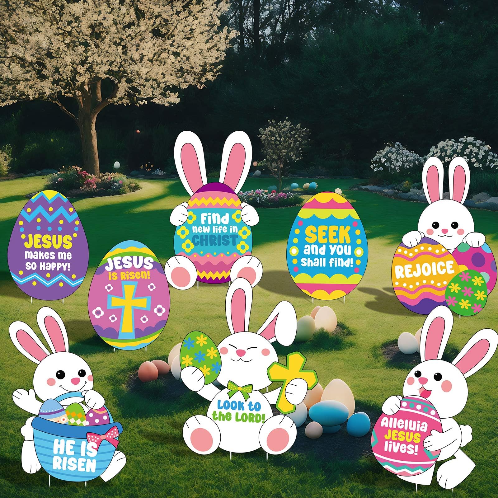 DoubleFill Easter yard signs set enhances garden scene and party décor.