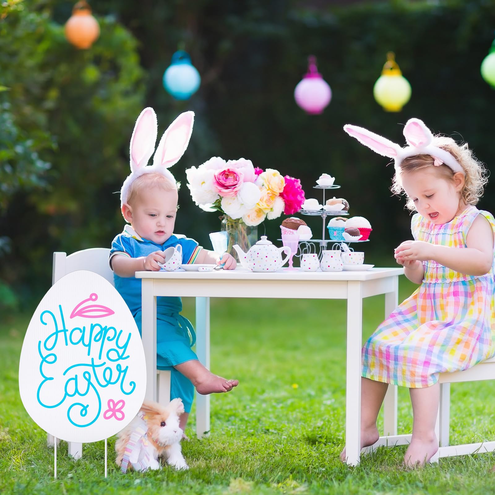 DoubleFill outdoor Easter decor setup with six signs and stakes