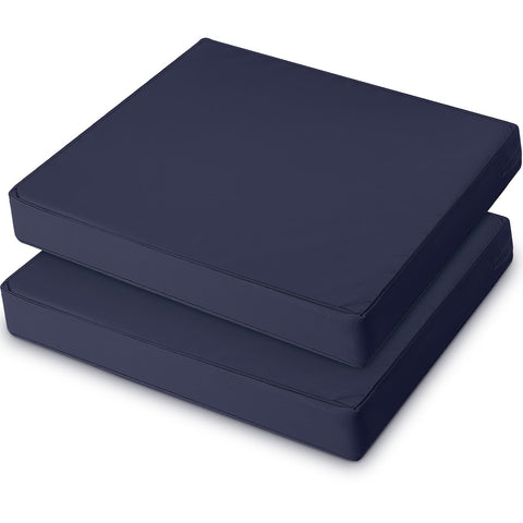 DoubleFill navy blue outdoor ottoman cushion on a stool provides cozy foot comfort.