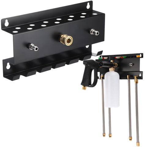DoubleFill gun holder on wall keeps foam cannon within easy reach.