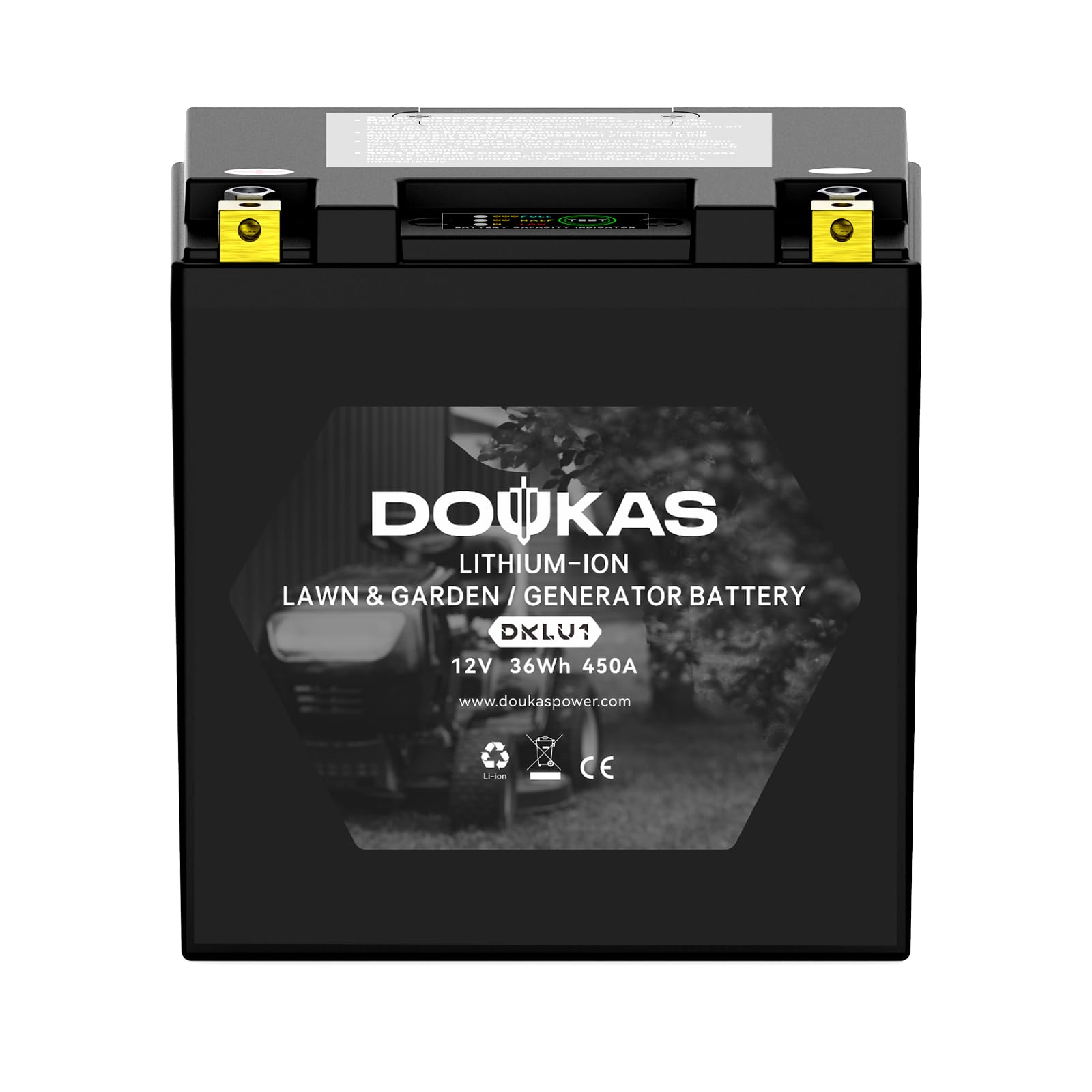 DOUKAS DKLU1 lithium lawn mower battery exterior shows rugged outdoor build