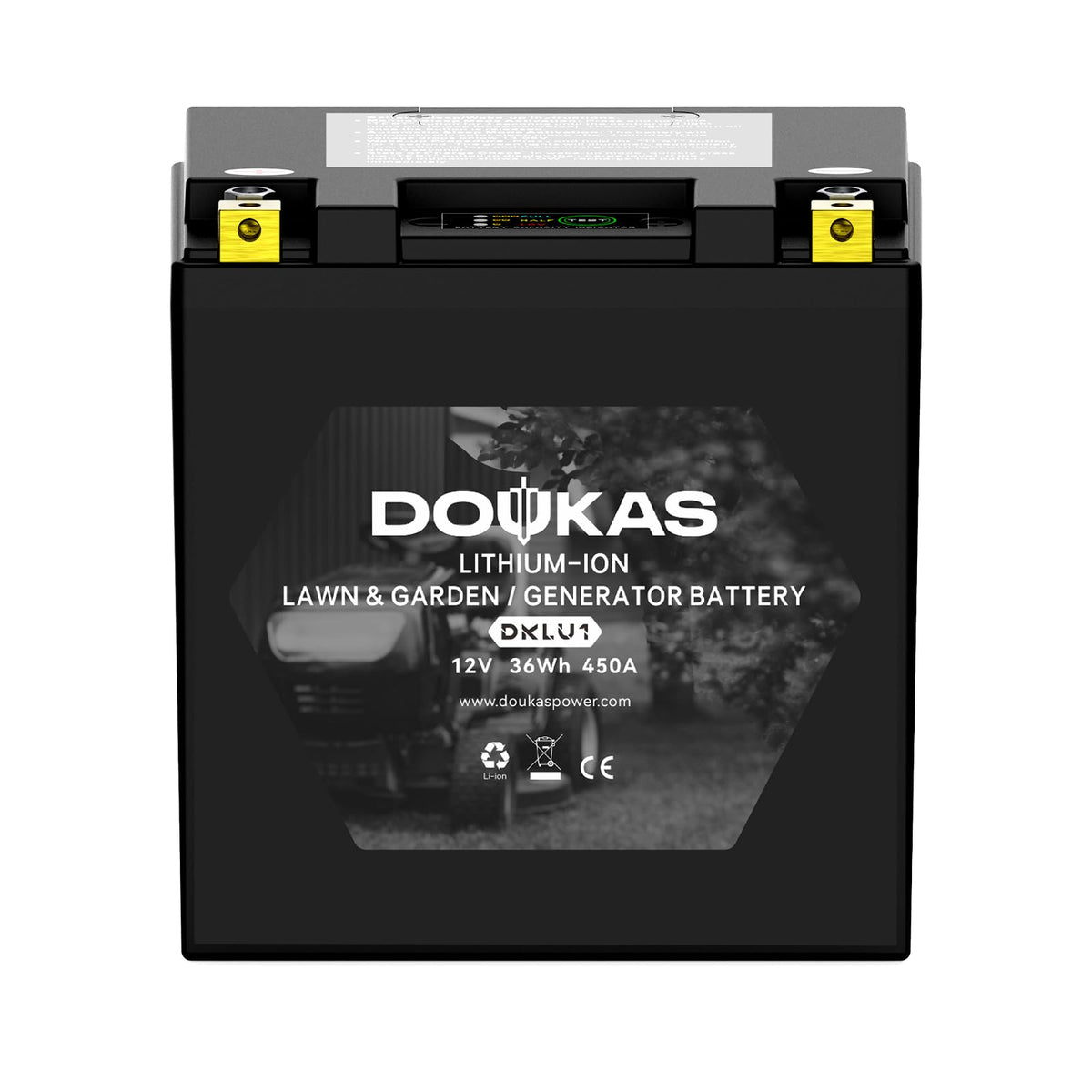 DOUKAS DKLU1 lithium lawn mower battery exterior shows rugged outdoor build