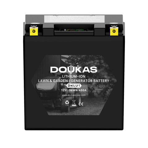 DOUKAS DKLU1 lithium lawn mower battery exterior shows rugged outdoor build