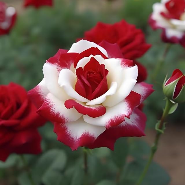 Douxie twin rose blooms close-up, showcasing crimson edges and twilight hues.