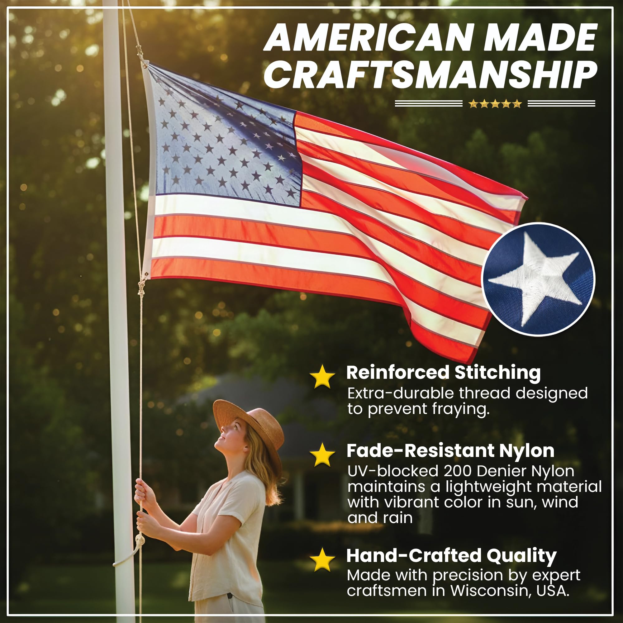 DOVER FLAG outdoor nylon flag 200-denier construction emphasizes fast-drying outdoor use.