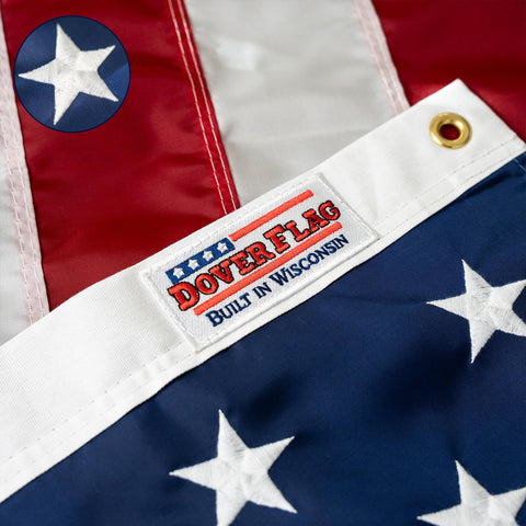 DOVER FLAG premium American flag 3x5 close-up shows embroidered stars for durable outdoor display.
