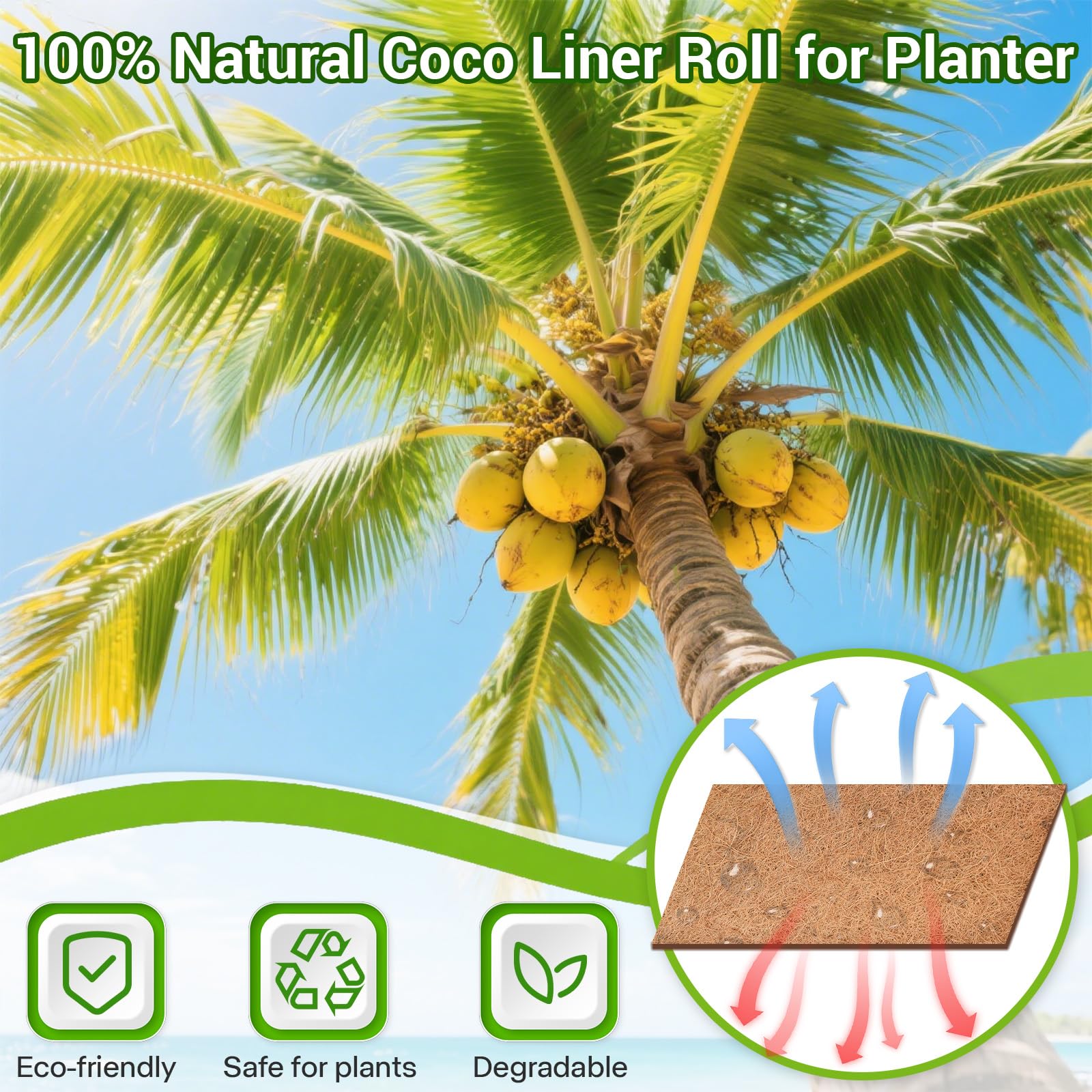 Dovesail Coco Liner Roll cut to fit a hanging basket for DIY customization.