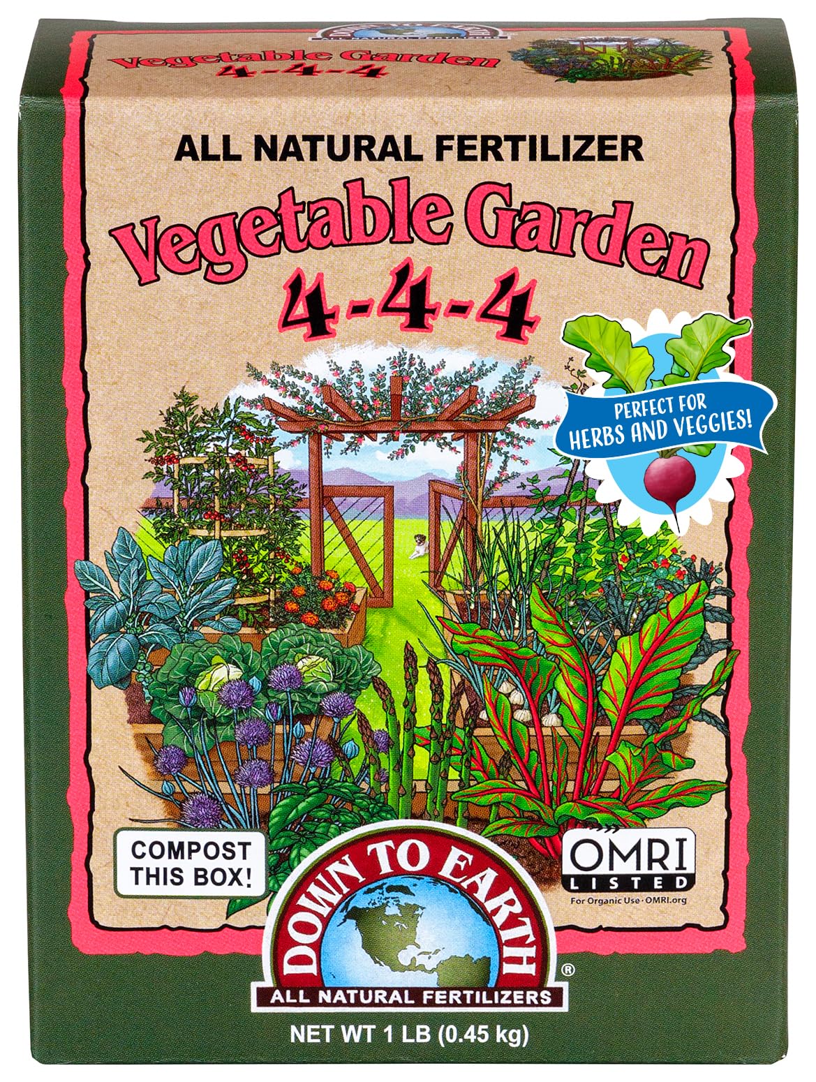 Down To Earth 4-4-4 organic fertilizer bottle highlighting balanced nutrients for vegetables.