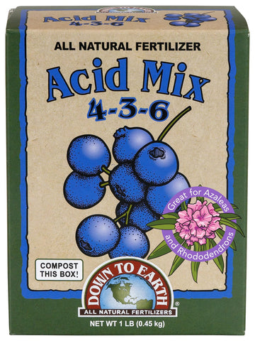Down To Earth Acid Mix 1lb label showing the product for acid-loving plants