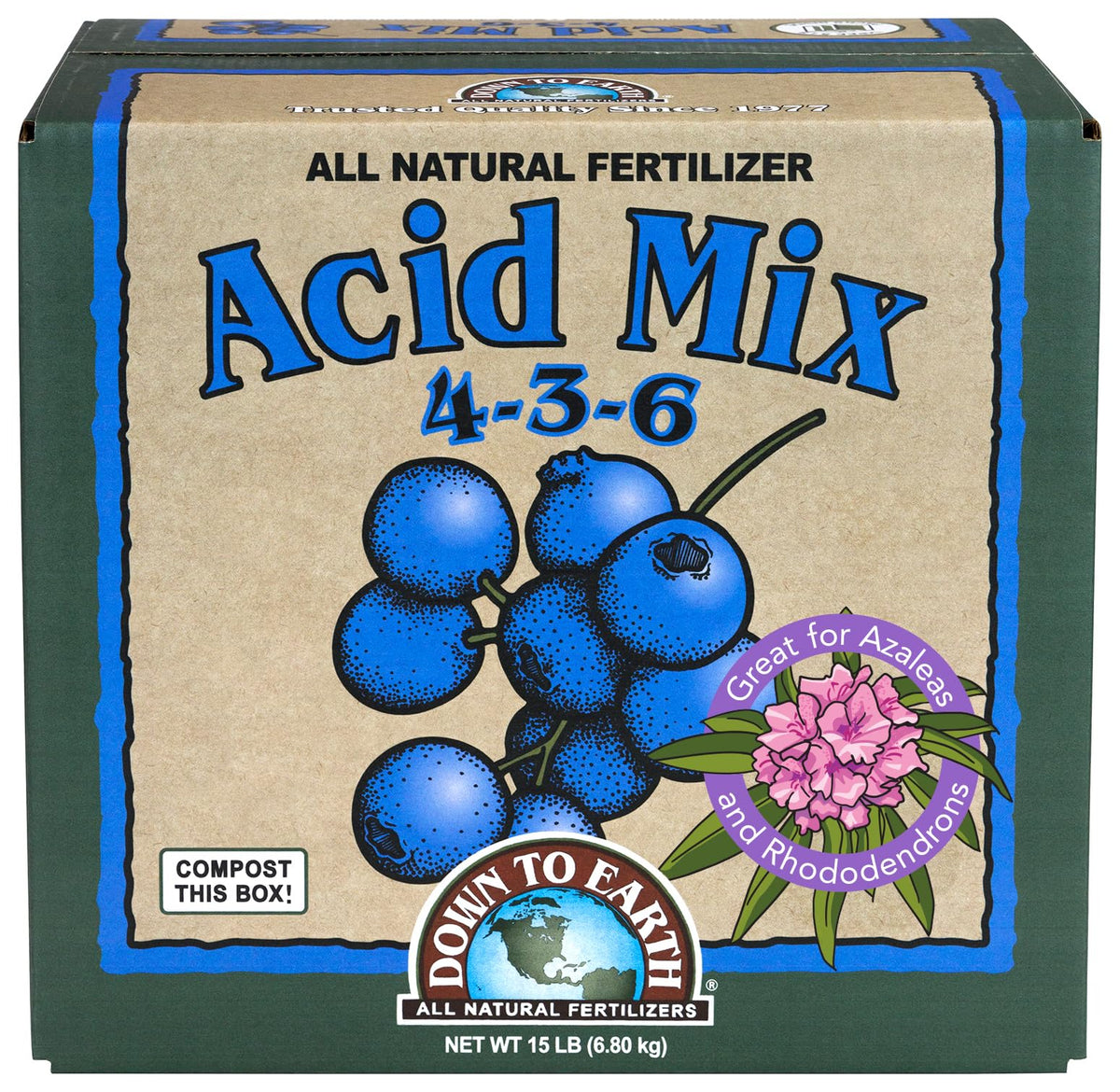 Down To Earth Acid Mix blueberries bag label supports soil acidity for blueberries