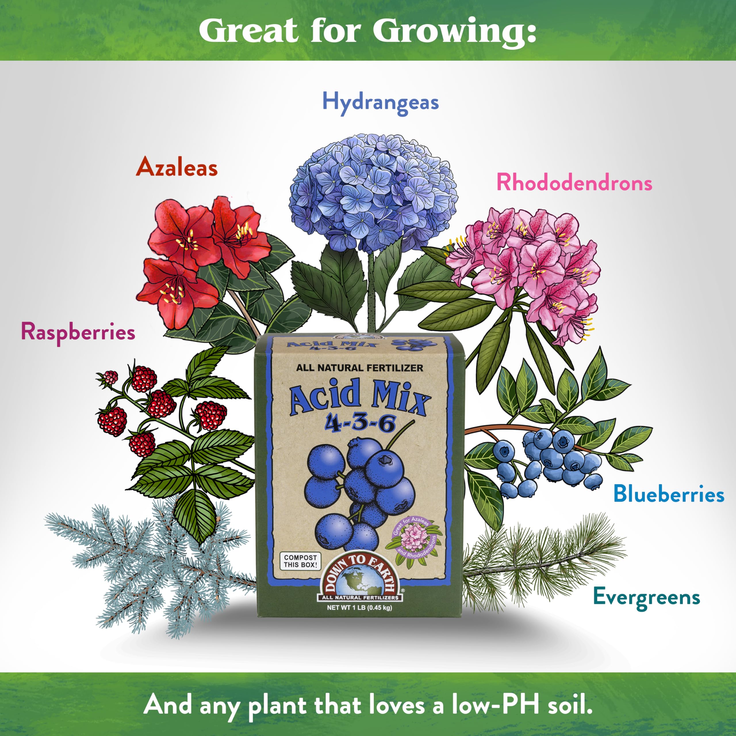 Down To Earth Acid Mix spring application supports vegetative growth and blooms