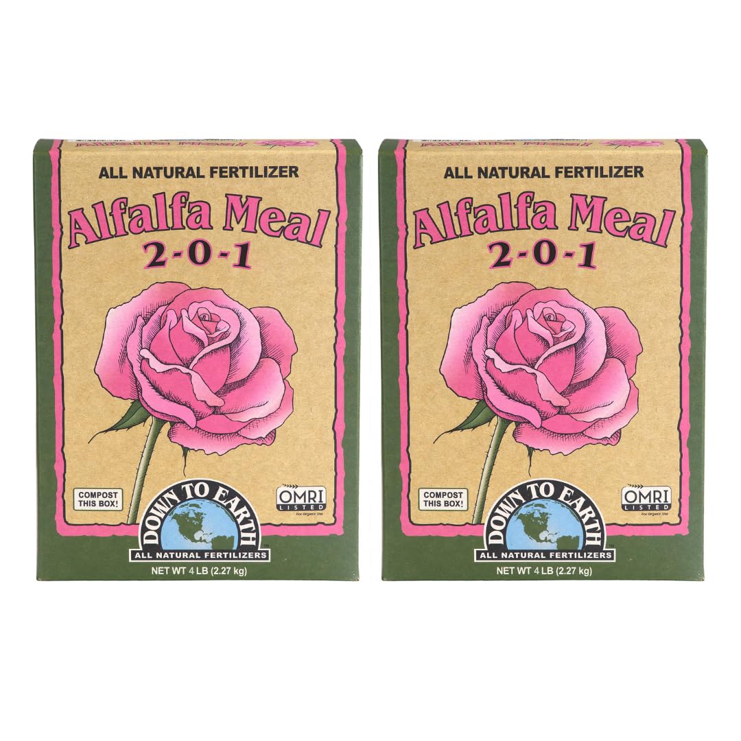 Down To Earth Alfalfa Meal 2-0-1 box enhances organic garden growth with balanced nutrients