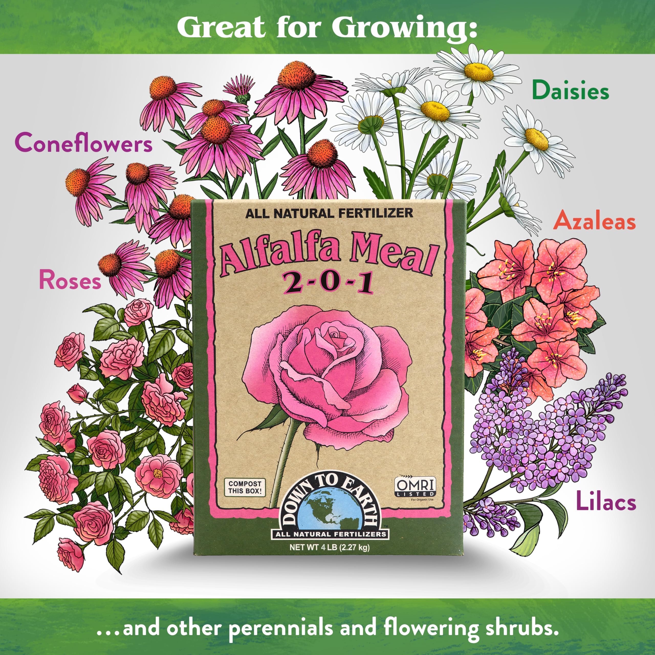 Down To Earth Alfalfa Meal ingredient panel highlights minerals and growth stimulants