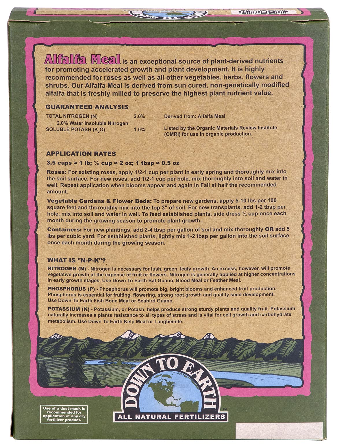 Down To Earth Alfalfa Meal packaging label shows OMRI listing for organic use