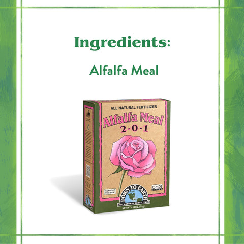 Down To Earth Alfalfa Meal pouring action demonstrates easy soil feeding