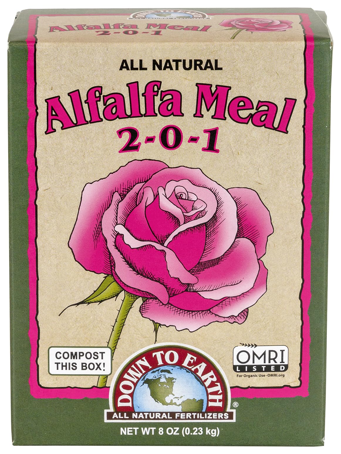 Down To Earth alfalfa meal packaging for organic plant feeding.