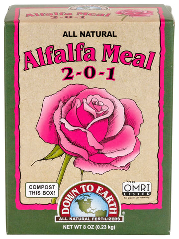 Down To Earth alfalfa meal packaging for organic plant feeding.