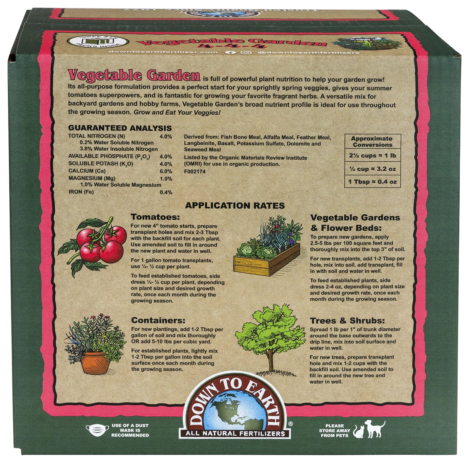 Down To Earth 4-4-4 label close-up highlighting balanced soil nutrition