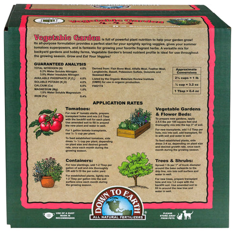 Down To Earth 4-4-4 label close-up highlighting balanced soil nutrition
