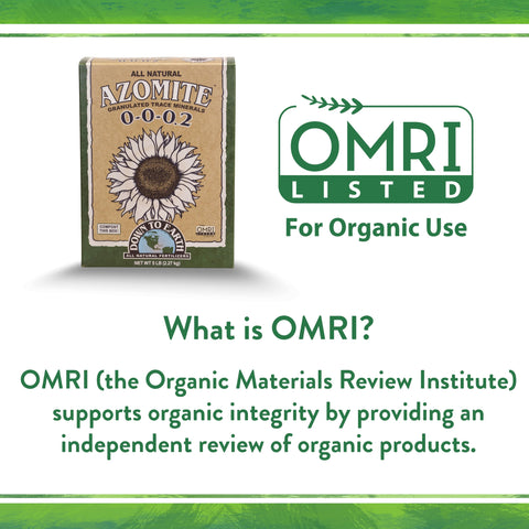 Down To Earth Azomite label showing organic suitability for soil health