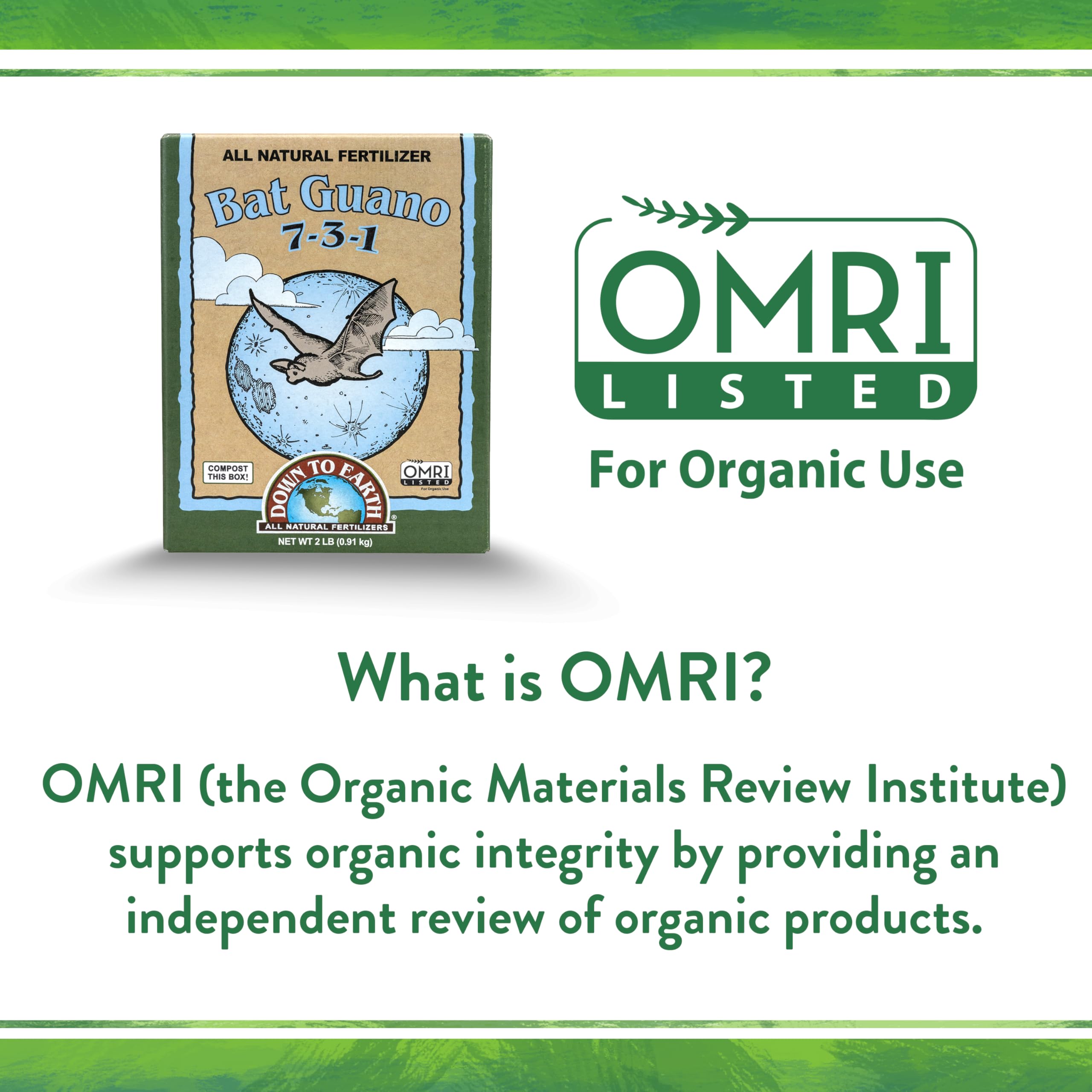 OMRI-listed seal on Down To Earth bat guano packaging