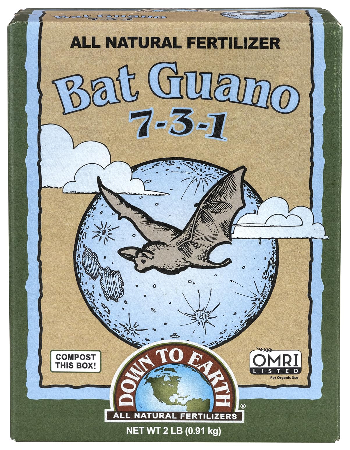 Down To Earth bat guano packaging shown for organic garden use