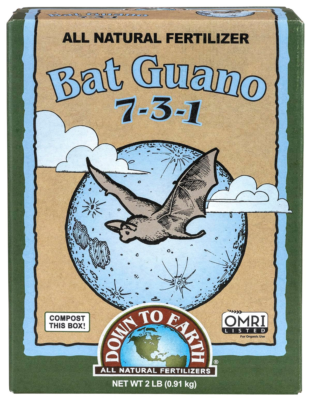 Down To Earth bat guano packaging shown for organic garden use