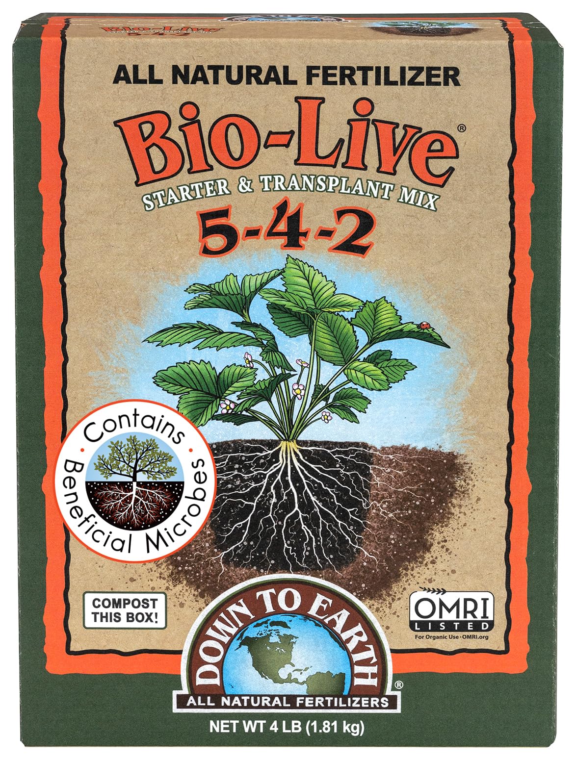 Down To Earth Bio-Live fertilizer bag front showing the OMRI-listed label.