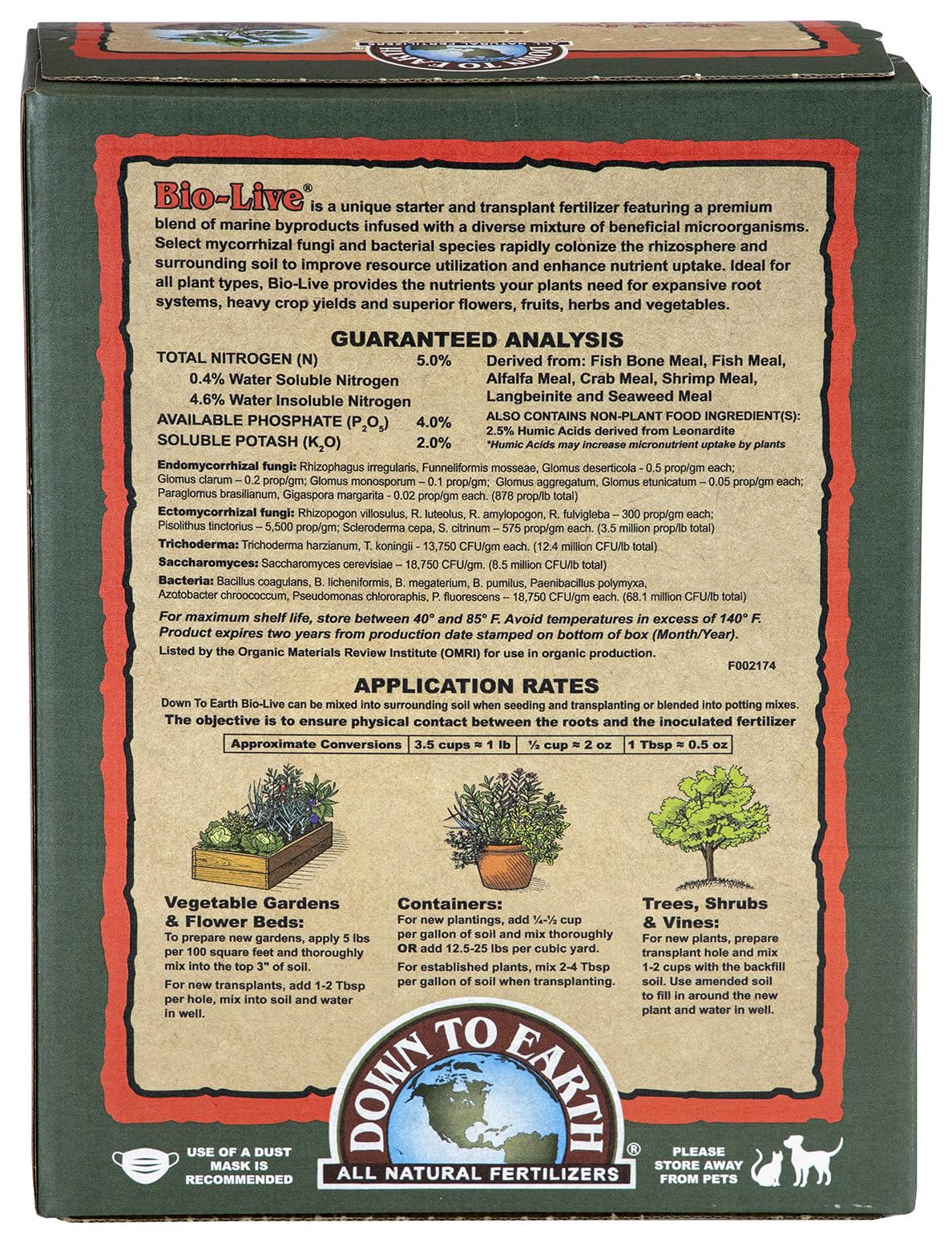 Down To Earth Bio-Live bottle label featuring beneficial bacteria and mycorrhizal fungi.