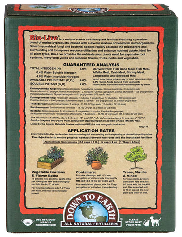 Down To Earth Bio-Live bottle label featuring beneficial bacteria and mycorrhizal fungi.