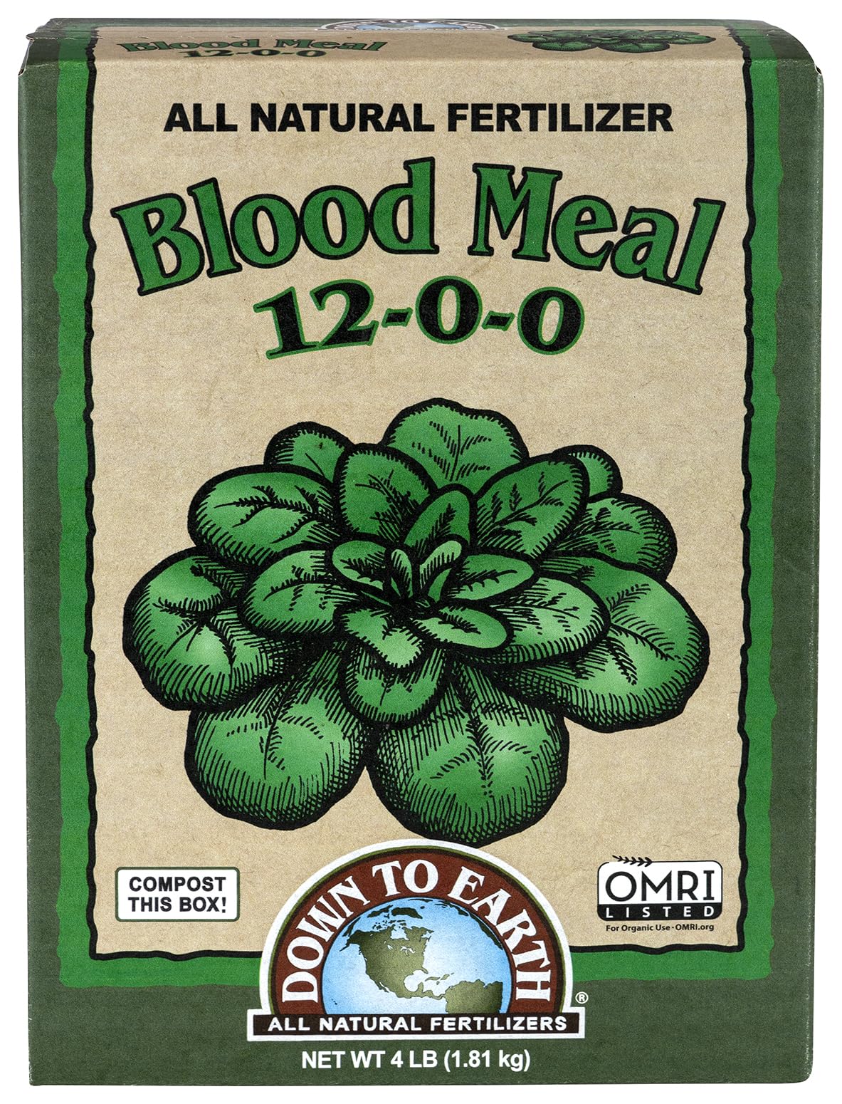 Down To Earth Blood Meal 12-0-0 bag front shows nitrogen boost for lush foliage.