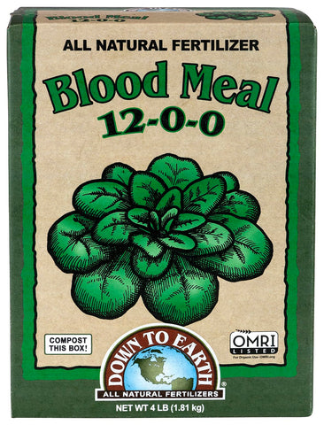 Down To Earth Blood Meal 12-0-0 bag front shows nitrogen boost for lush foliage.