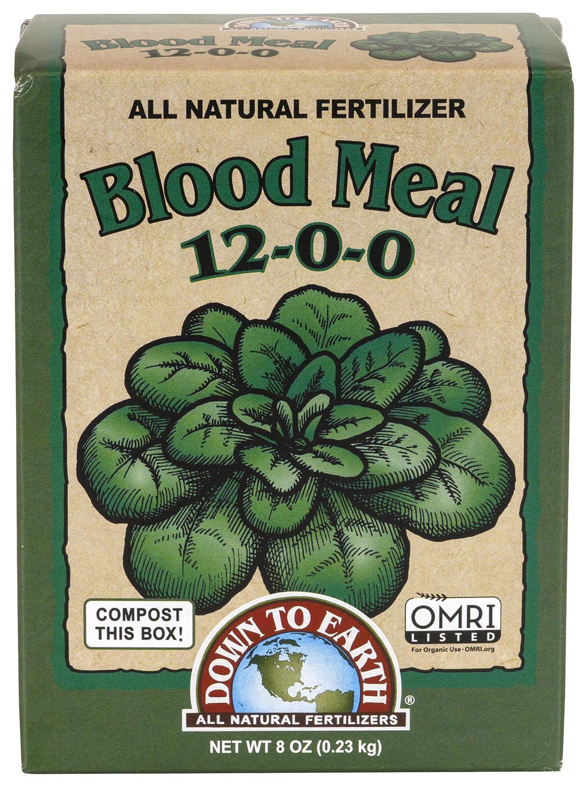 Down To Earth Blood Meal bag with 12-0-0 nitrogen for leafy growth.