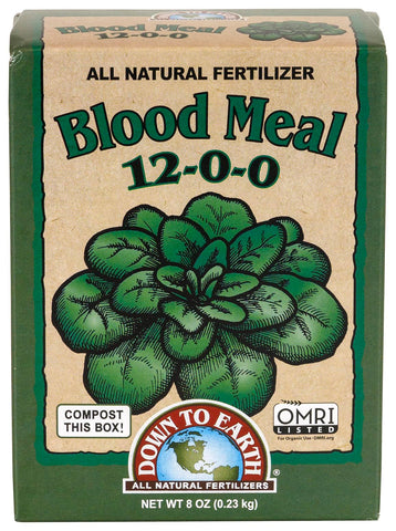 Down To Earth Blood Meal bag with 12-0-0 nitrogen for leafy growth.