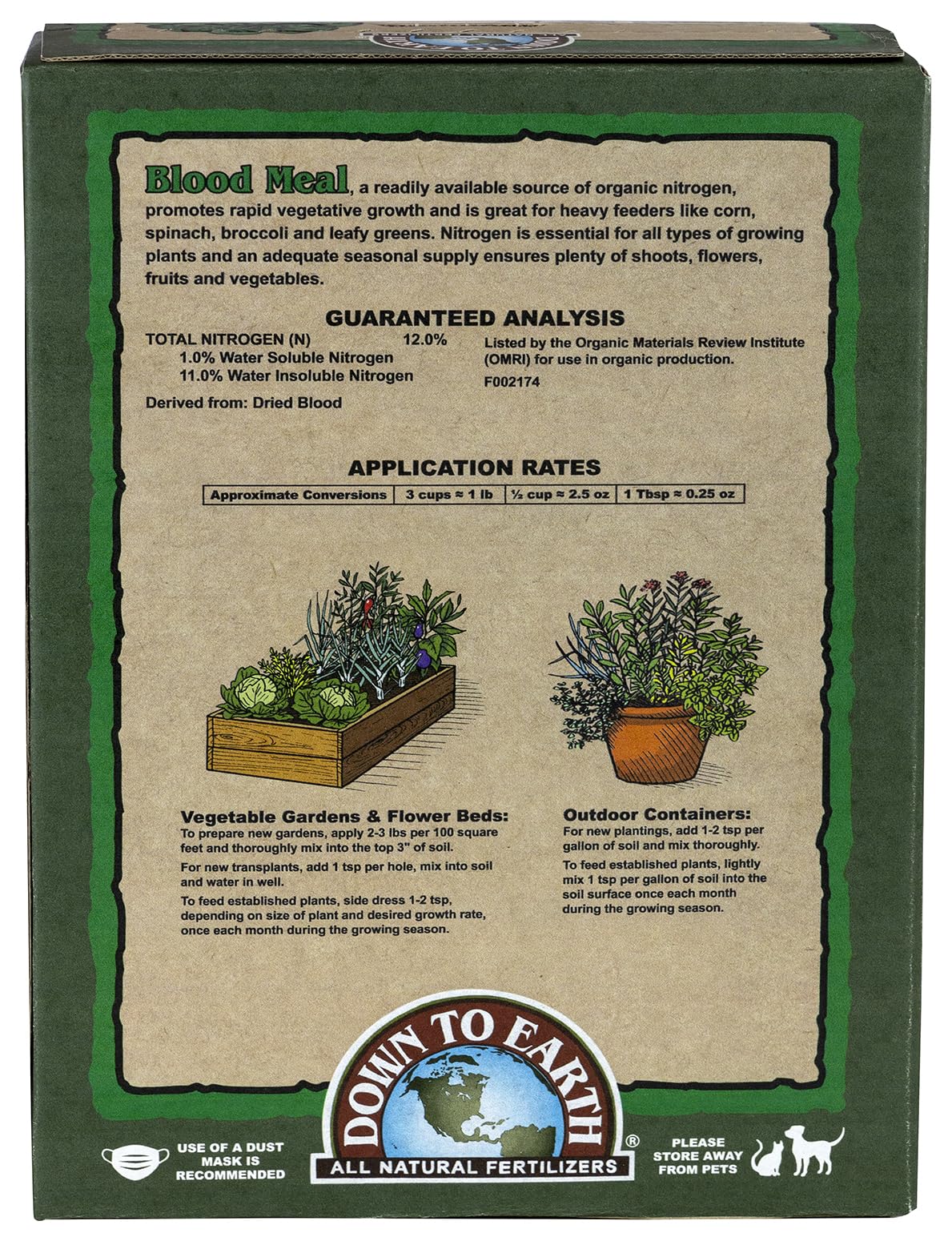 Down To Earth Blood Meal 12-0-0 label closeup highlights organic, OMRI-certified nitrogen source.