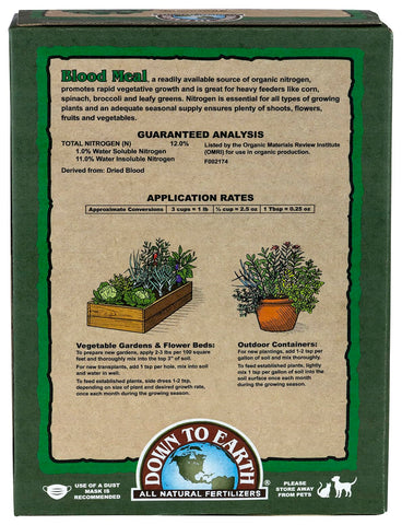 Down To Earth Blood Meal 12-0-0 label closeup highlights organic, OMRI-certified nitrogen source.