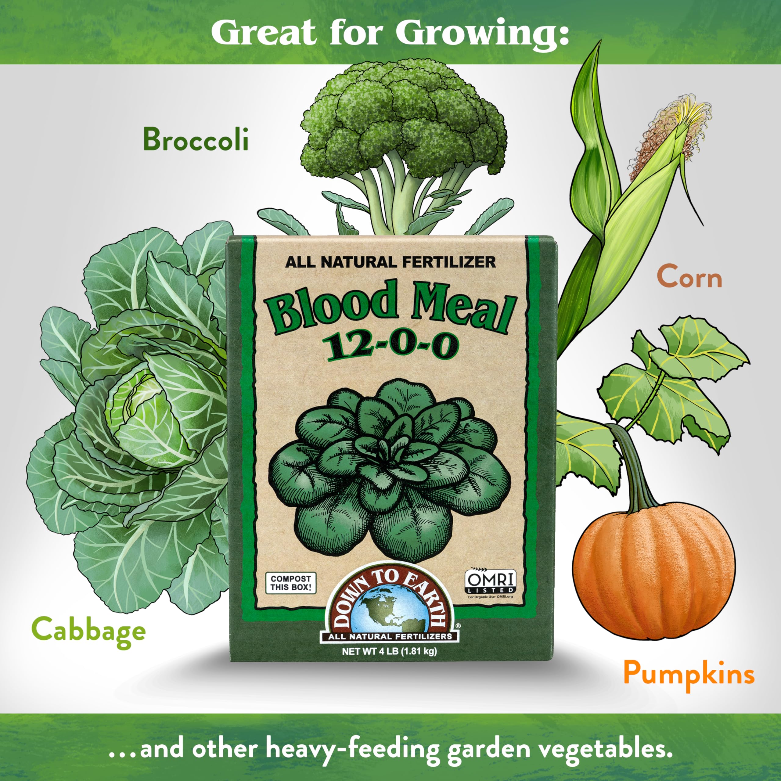 Down To Earth Blood Meal 12-0-0 OMRI logo emphasizes organic gardening compatibility.