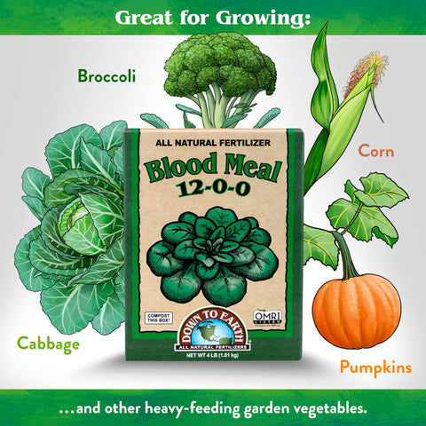 Down To Earth Blood Meal 12-0-0 OMRI logo emphasizes organic gardening compatibility.