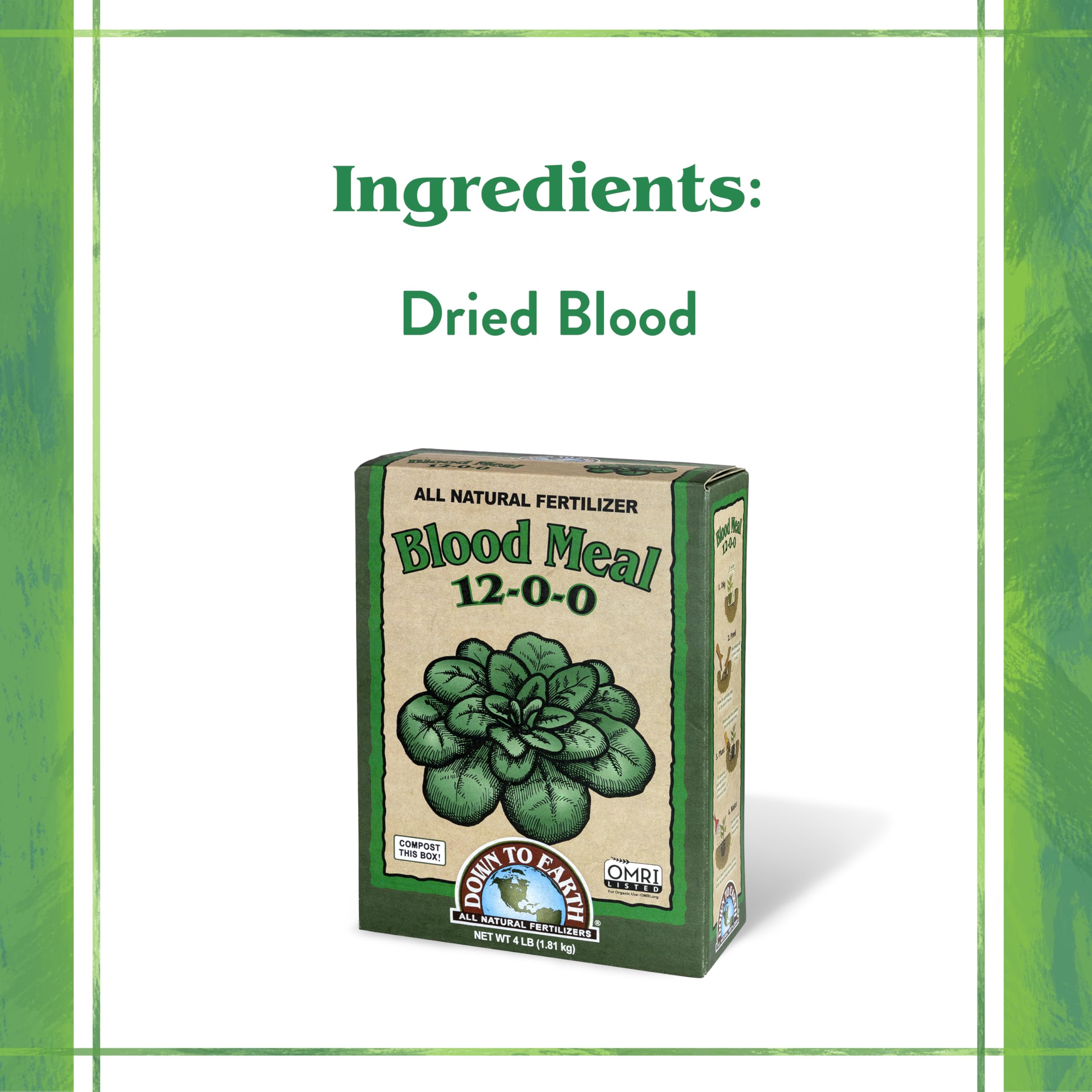 Down To Earth Blood Meal 12-0-0 applied in vegetable garden for quick green-up.