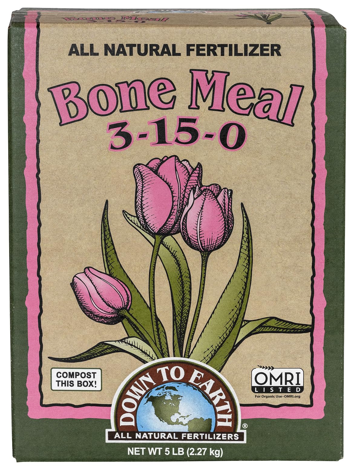 Down To Earth Bone Meal box showing 5 lb bag for roots and blooms
