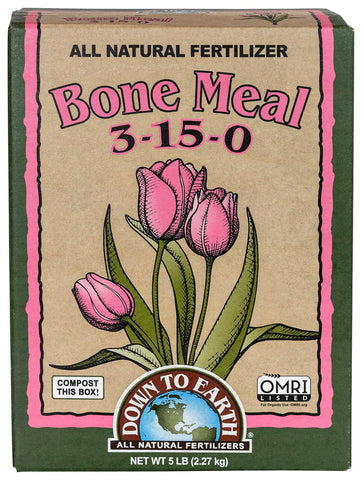 Down To Earth Bone Meal box showing 5 lb bag for roots and blooms
