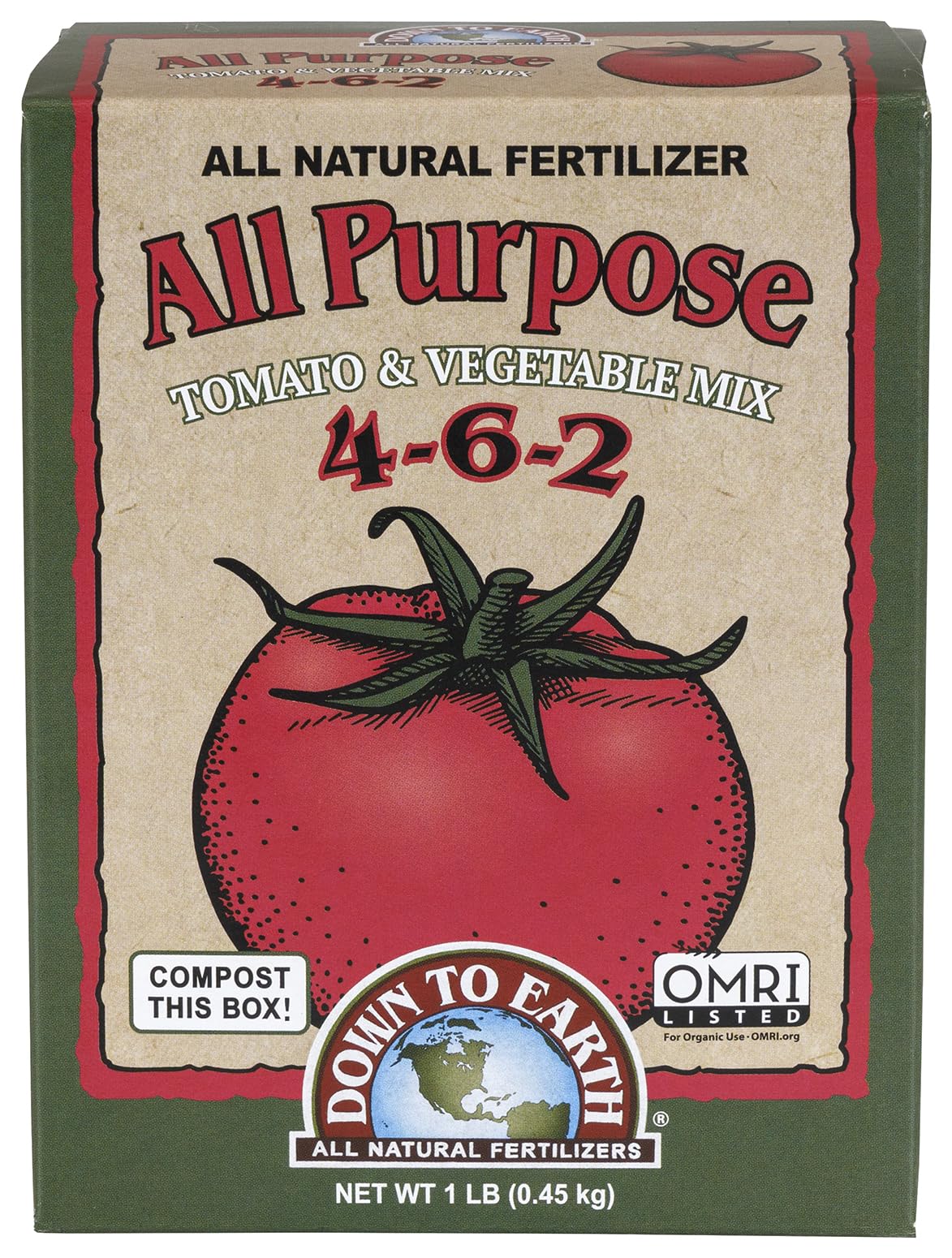 Down To Earth bottle front showing organic tomato-vegetable mix for healthier harvests.