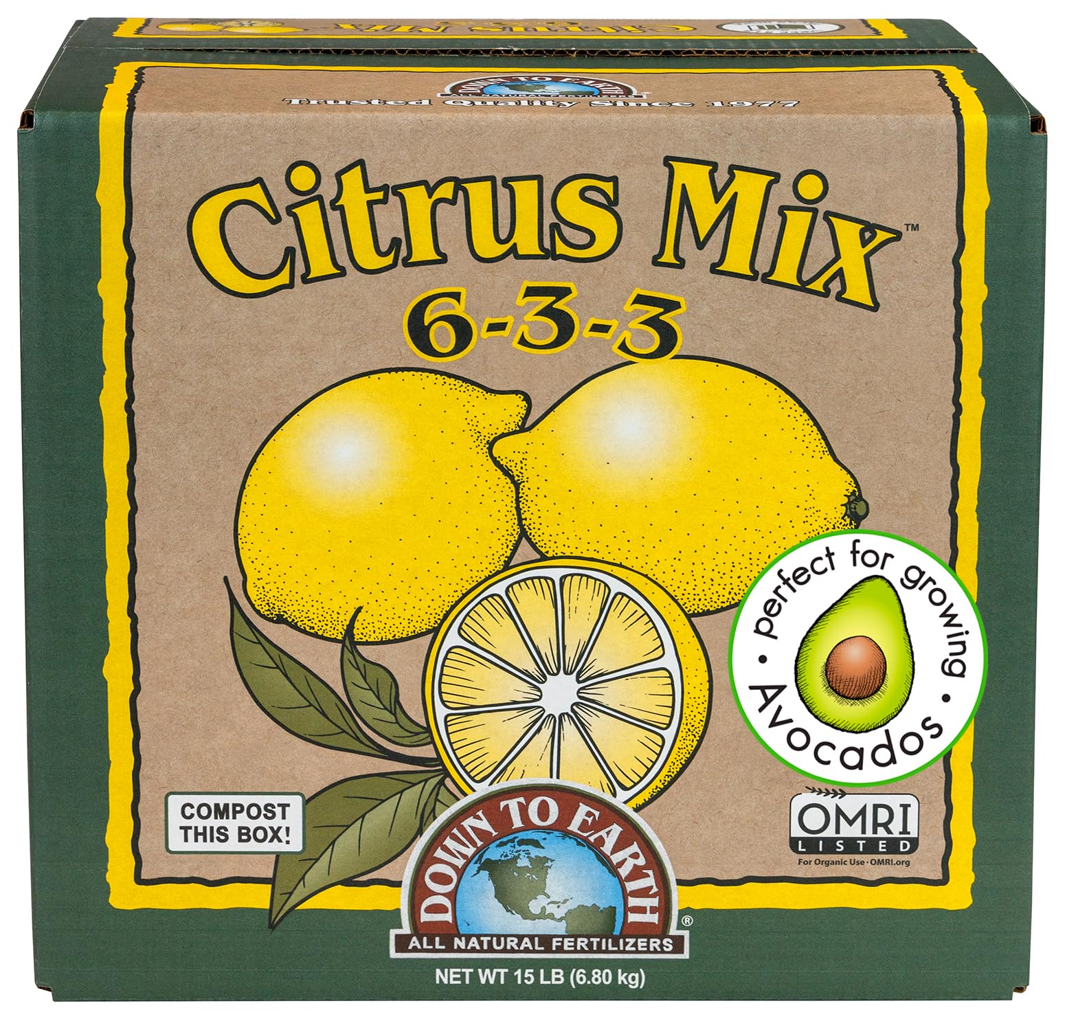 Down To Earth Citrus Mix 15lb bag for home citrus trees boosts growth.