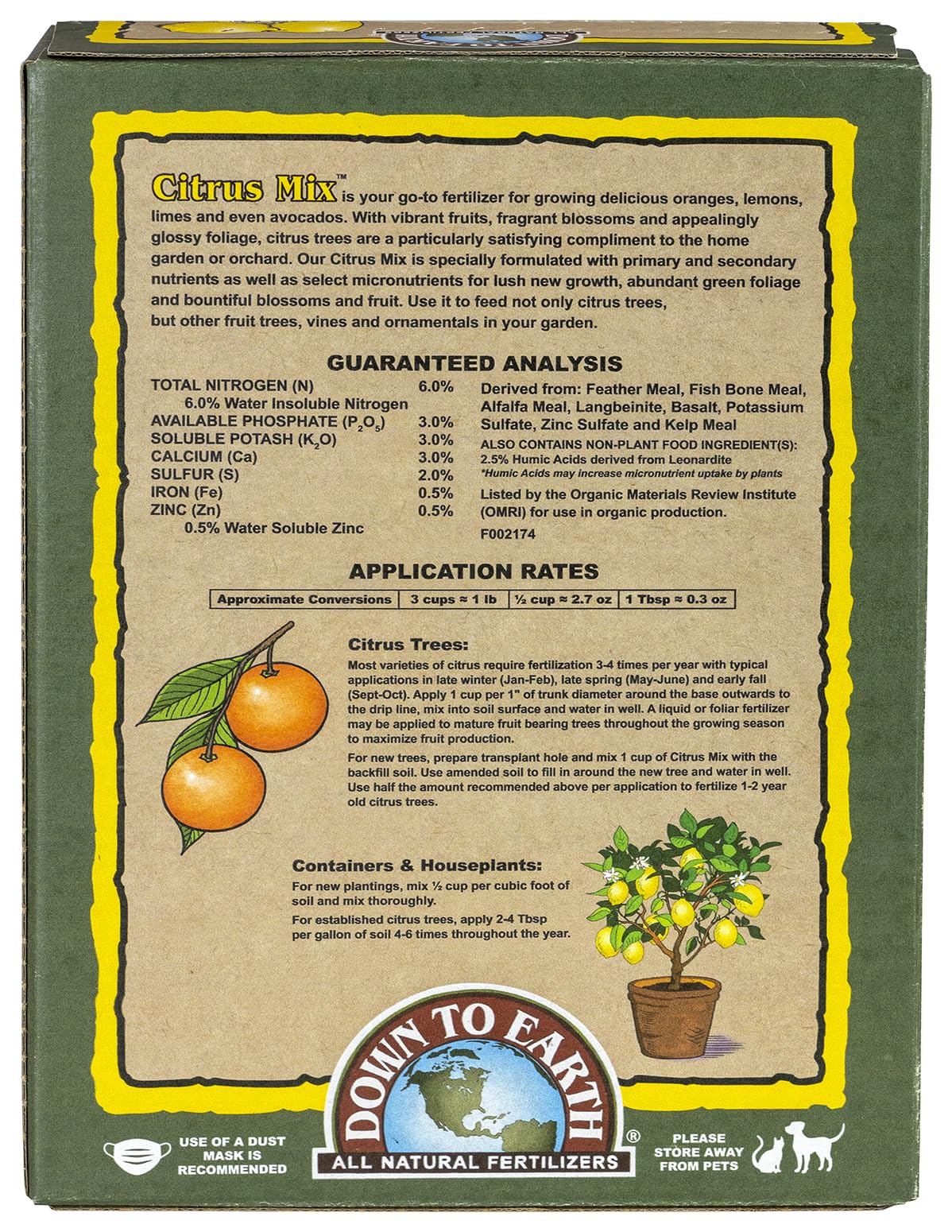 Down To Earth Citrus Mix 6-3-3 label indicating balanced nutrition for fruiting citrus