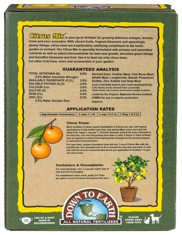 Down To Earth Citrus Mix 6-3-3 label indicating balanced nutrition for fruiting citrus