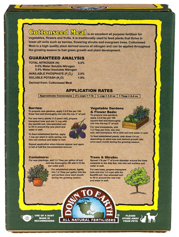 Down To Earth cottonseed meal label highlights the 6-2-1 NPK.