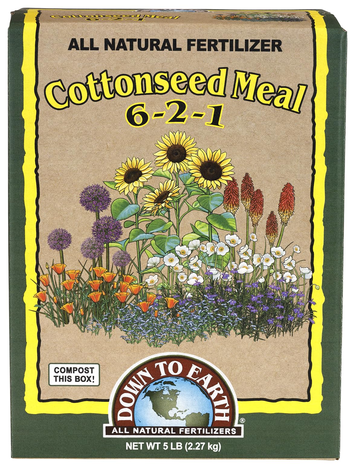 Down To Earth cottonseed meal packaging shown for organic garden feeding.