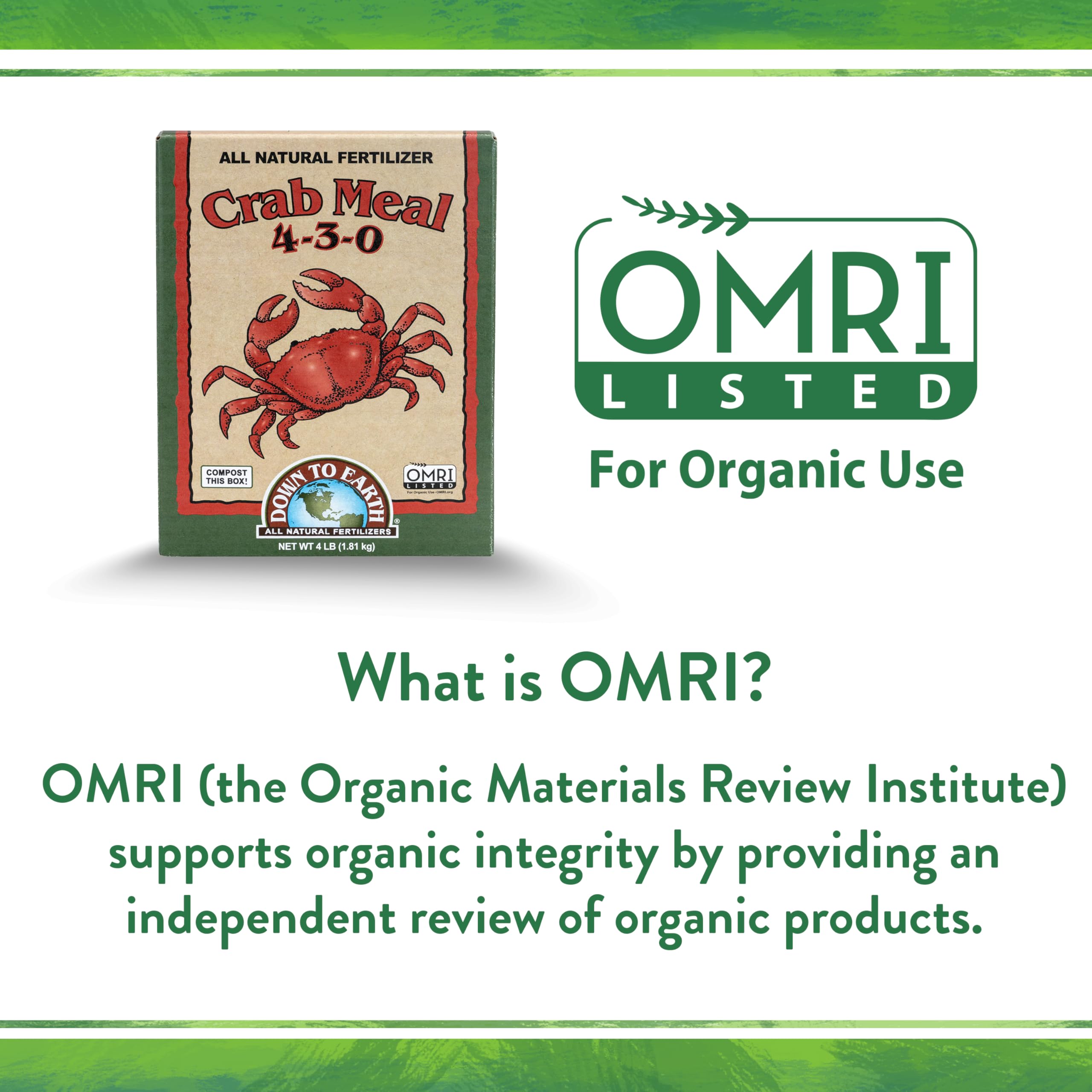 Down To Earth crab meal 4 lb bag on shelf with label