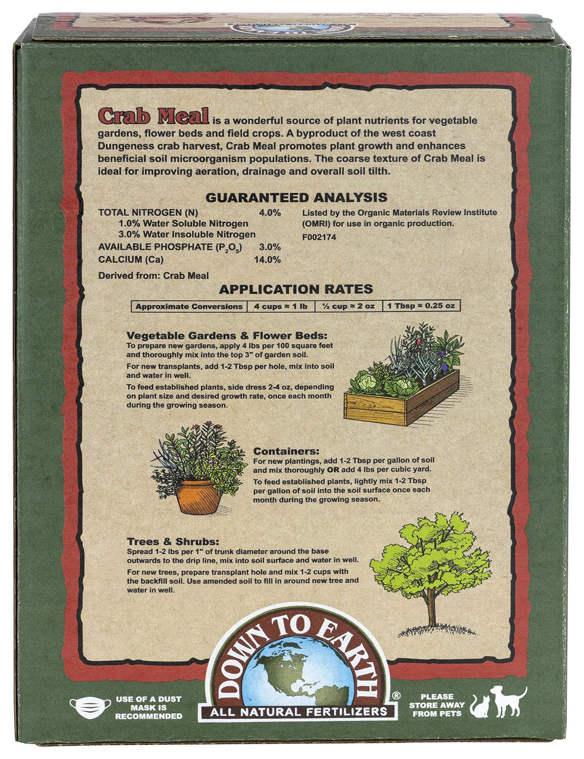 Down To Earth crab meal bag close-up, OMRI-listed organic formula