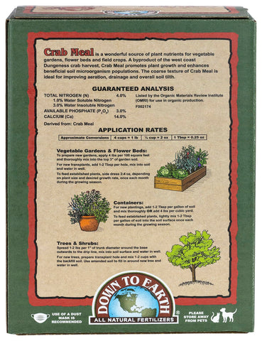 Down To Earth crab meal bag close-up, OMRI-listed organic formula